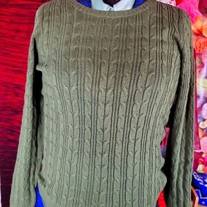 NEUTRAL OLIVE GREEN ST. JOHNS JOHN'S BAY CABLE KNIT MEDIUM M TALL SWEATER